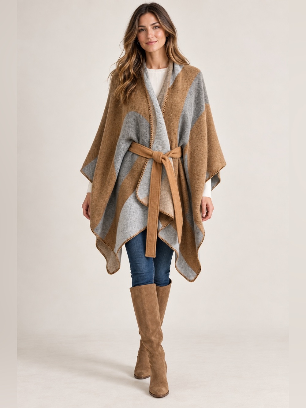 Woven Belted Wrap Coatigan in Camel and Light Gray
